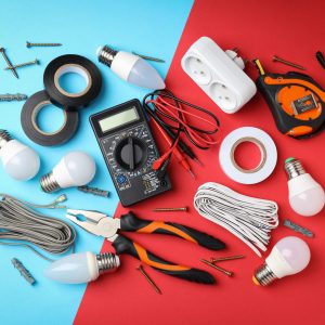 Concept of electrician or electrical tools, top view