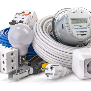 Electrical component and equipment. CIrcuit breaker, electric meter, cables, light bulb isolated on white. 3d illustration
