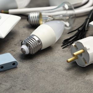Set of electrician's equipment on gray table