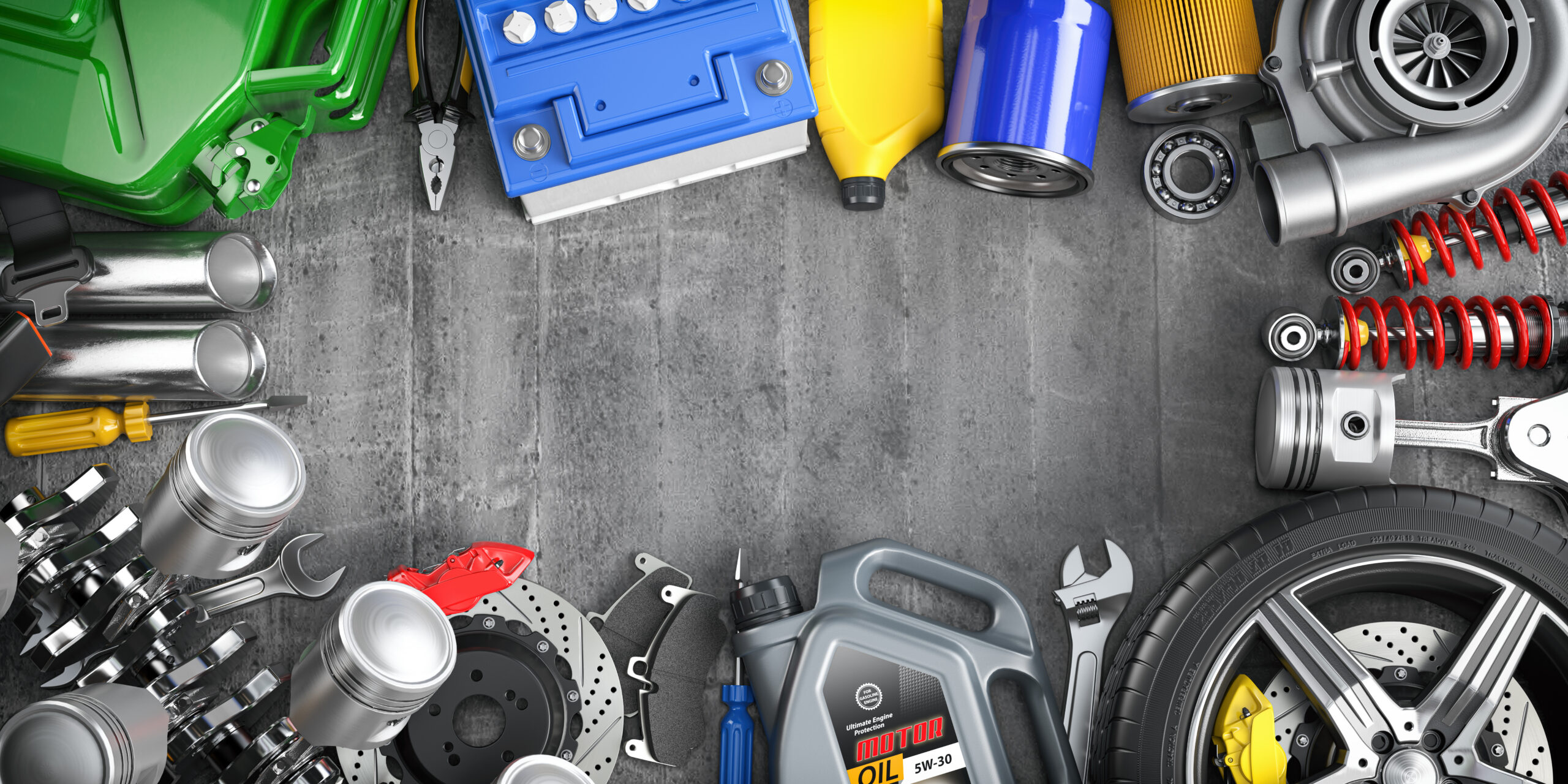 Car parts, spares and accesoires. Auto service and car repair workshop concept. 3d illustration