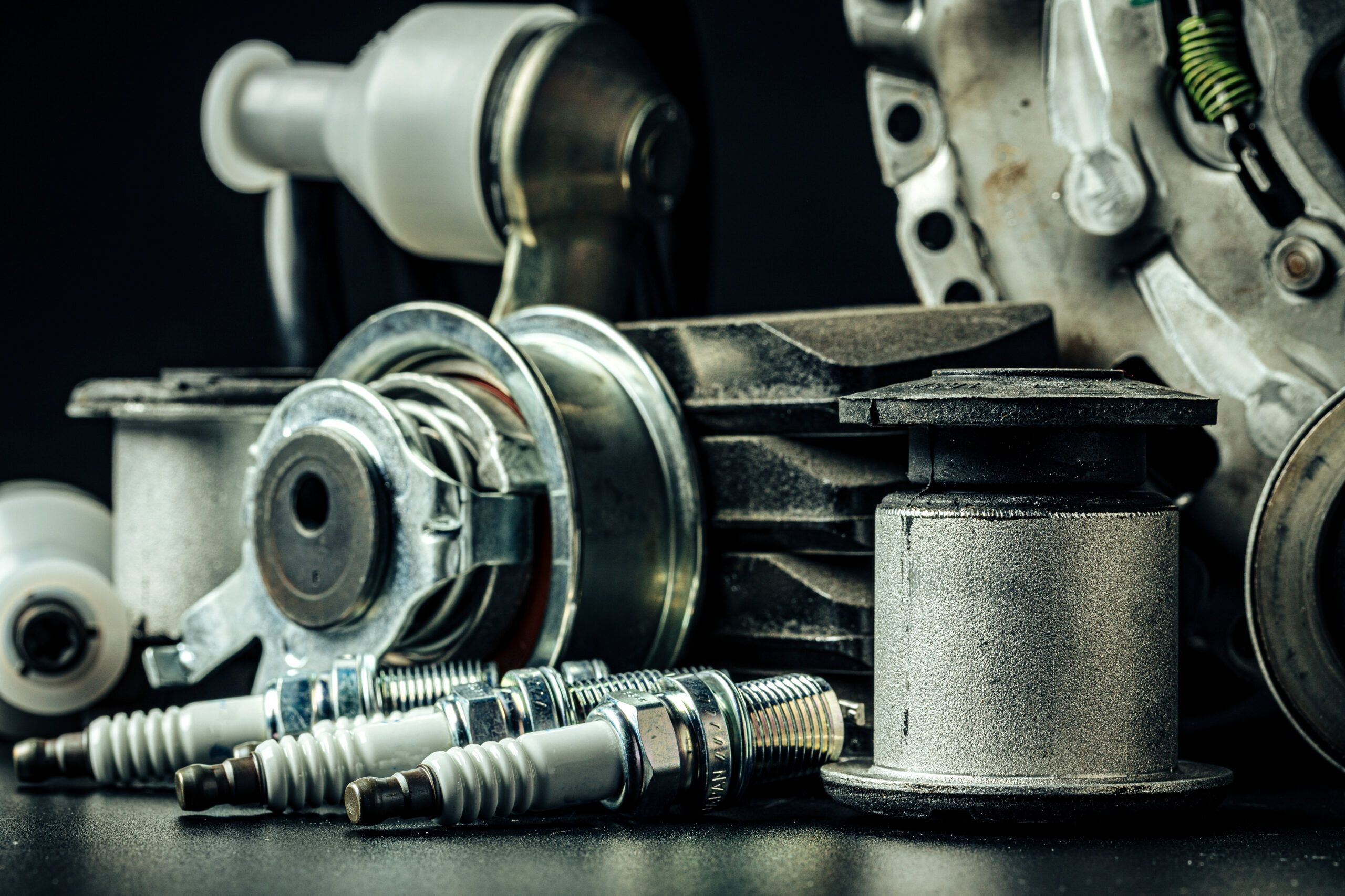 Close up of set of new car parts on black background