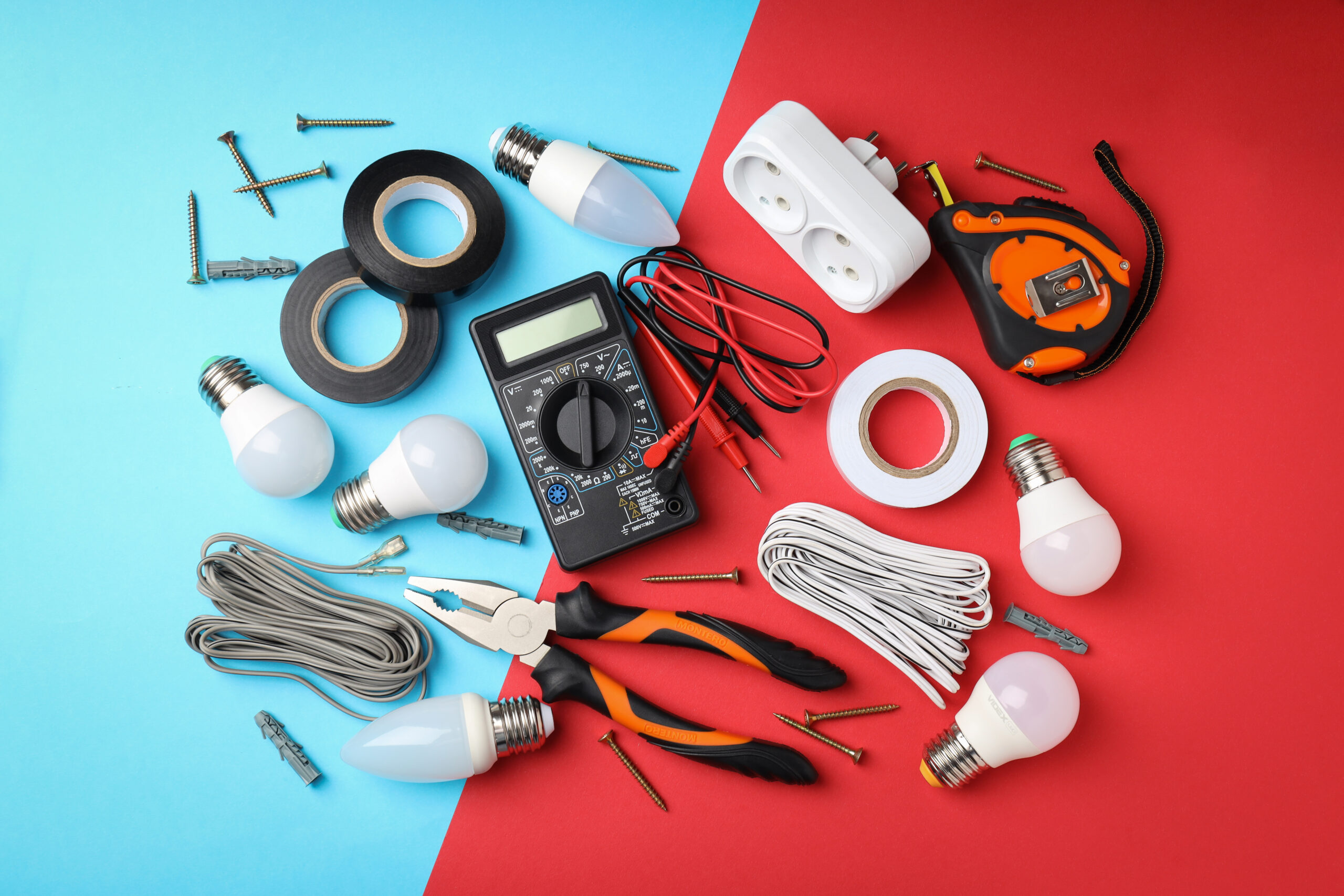 Concept of electrician or electrical tools, top view
