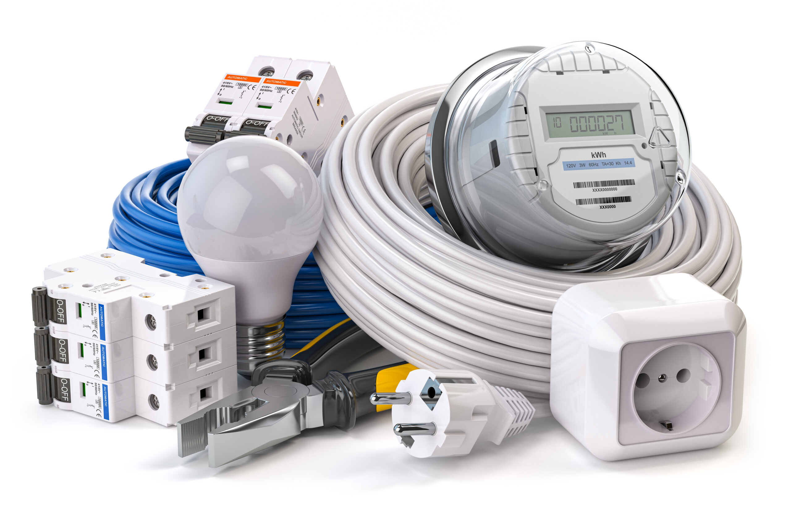 Electrical component and equipment. CIrcuit breaker, electric meter, cables, light bulb isolated on white. 3d illustration